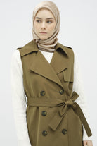 Kruvaze Düğmeli Uzun Yelek - Haki TUGBA