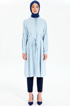 Kumaş Kemerli Kolları Nervürlü Tunik - Açık Mavi TUGBA