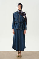 Kuşaklı Ceket Etek Takım - İndigo TUGBA