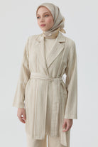 Kuşaklı Çizgili Blazer Ceket - Bej TUGBA