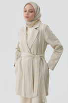 Kuşaklı Çizgili Blazer Ceket - Bej TUGBA