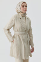 Kuşaklı Çizgili Blazer Ceket - Bej TUGBA