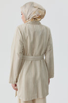 Kuşaklı Çizgili Blazer Ceket - Bej TUGBA