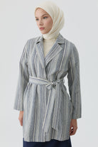 Kuşaklı Çizgili Blazer Ceket - İndigo TUGBA