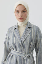 Kuşaklı Çizgili Blazer Ceket - İndigo TUGBA