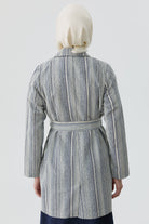 Kuşaklı Çizgili Blazer Ceket - İndigo TUGBA