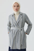 Kuşaklı Çizgili Blazer Ceket - İndigo TUGBA