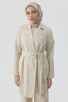 Kuşaklı Çizgili Blazer Ceket - Vizon TUGBA