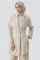 Kuşaklı Çizgili Blazer Ceket - Vizon TUGBA