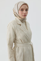 Kuşaklı Çizgili Blazer Ceket - Vizon TUGBA