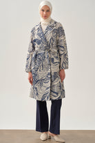 Kuşaklı Desenli Keten Kap - İndigo TUGBA