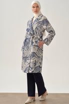 Kuşaklı Desenli Keten Kap - İndigo TUGBA