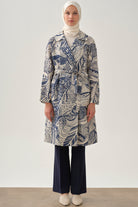 Kuşaklı Desenli Keten Kap - İndigo TUGBA