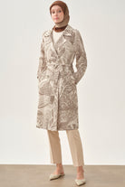 Kuşaklı Desenli Keten Kap - Vizon TUGBA