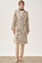 Kuşaklı Desenli Keten Kap - Vizon TUGBA