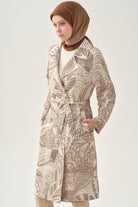 Kuşaklı Desenli Keten Kap - Vizon TUGBA