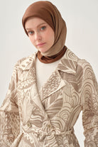 Kuşaklı Desenli Keten Kap - Vizon TUGBA