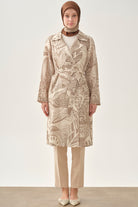 Kuşaklı Desenli Keten Kap - Vizon TUGBA