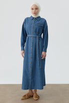 Kuşaklı Gömlek Elbise - İndigo TUGBA