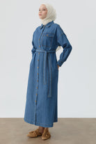 Kuşaklı Gömlek Elbise - İndigo TUGBA