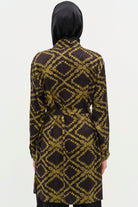 Kuşaklı Yırtmaç Detaylı Desenli Tunik - Haki TUGBA