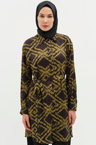 Kuşaklı Yırtmaç Detaylı Desenli Tunik - Haki TUGBA