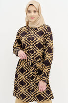 Kuşaklı Yırtmaç Detaylı Desenli Tunik - Taba TUGBA