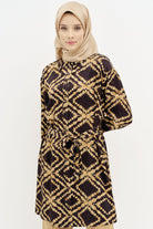 Kuşaklı Yırtmaç Detaylı Desenli Tunik - Taba TUGBA