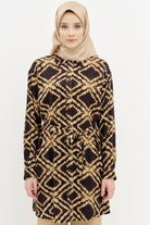 Kuşaklı Yırtmaç Detaylı Desenli Tunik - Taba TUGBA