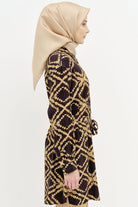 Kuşaklı Yırtmaç Detaylı Desenli Tunik - Taba TUGBA