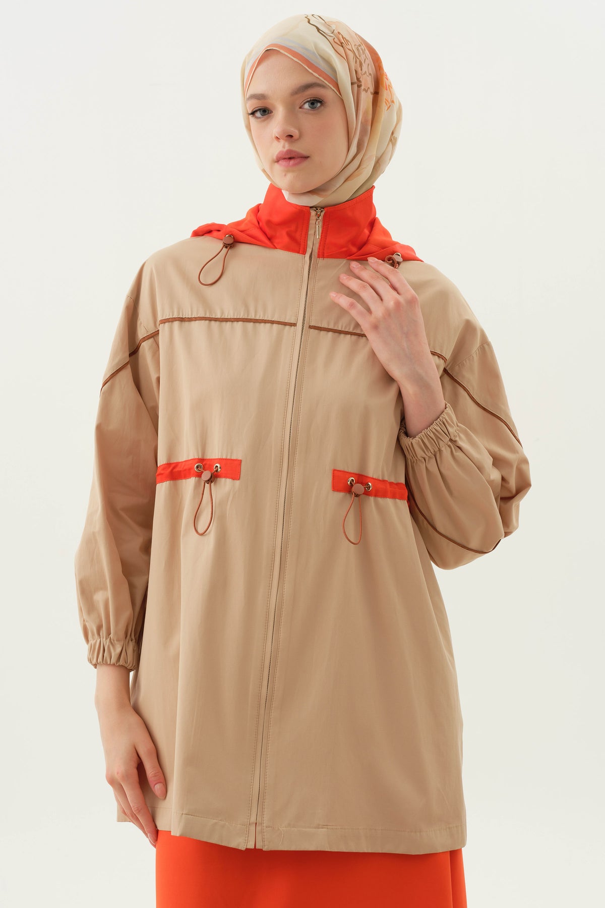Elastic Drawstring Hooded Cape - Beige