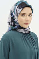 Multi Flower Desenli Sura İpek Eşarp - Mavi TUGBA