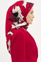 Multi Flower Desenli Twill İpek Eşarp - Kırmızı TUGBA