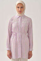 Nakış Detaylı Çizgili Tunik - Lila TUGBA
