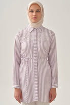 Nakış Detaylı Çizgili Tunik - Lila TUGBA