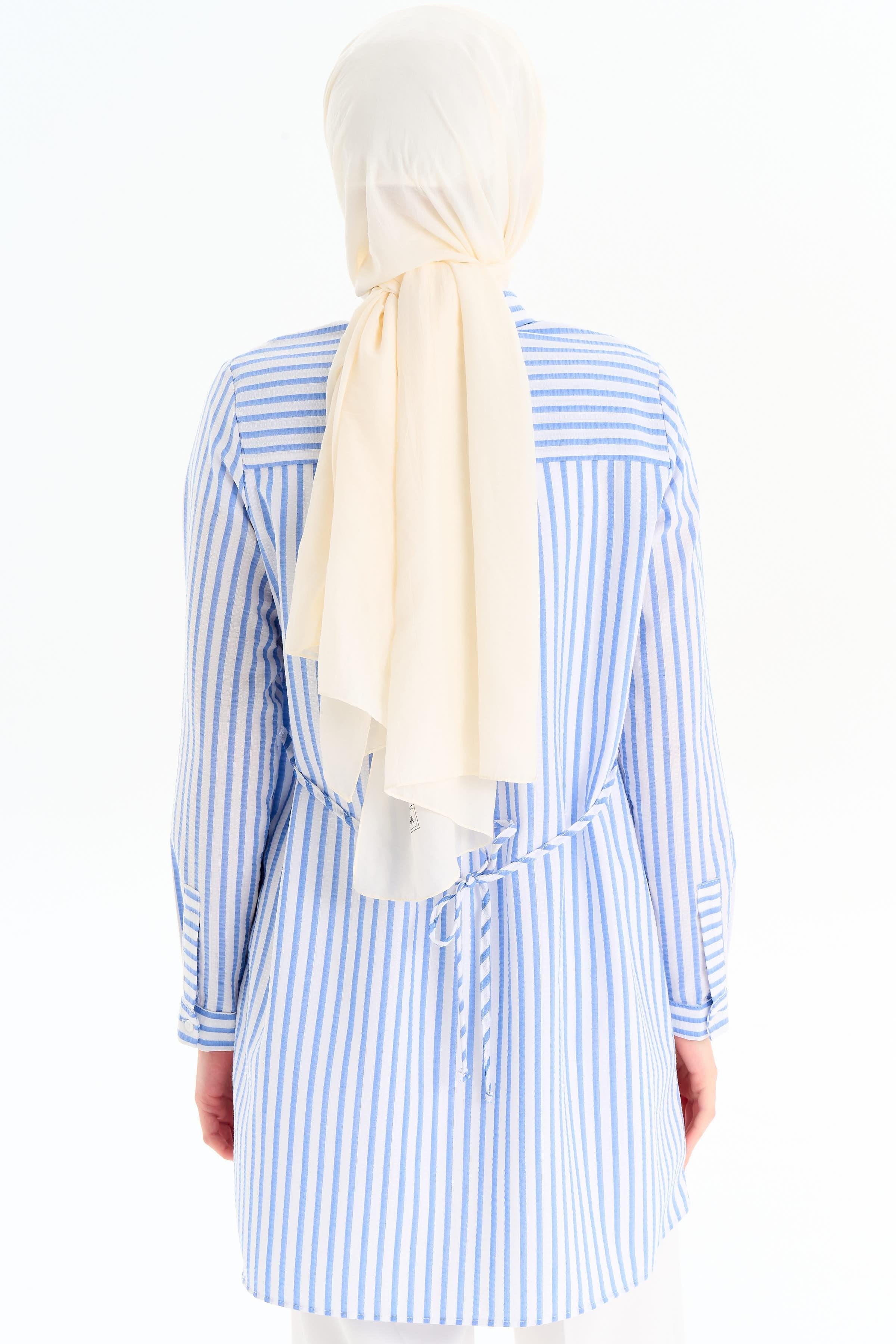 Nakış Detaylı Çizgili Tunik - Mavi TUGBA