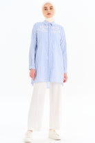 Nakış Detaylı Çizgili Tunik - Mavi TUGBA