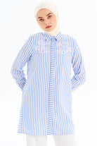 Nakış Detaylı Çizgili Tunik - Mavi TUGBA