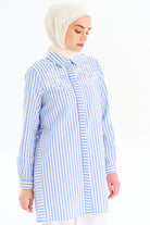 Nakış Detaylı Çizgili Tunik - Mavi TUGBA