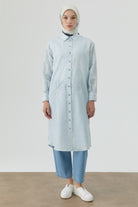 Nakış Detaylı Çizgili Uzun Tunik - Mavi TUGBA