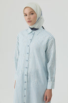 Nakış Detaylı Çizgili Uzun Tunik - Mavi TUGBA