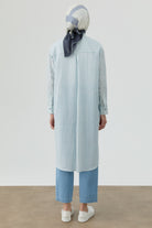 Nakış Detaylı Çizgili Uzun Tunik - Mavi TUGBA