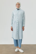 Nakış Detaylı Çizgili Uzun Tunik - Mavi TUGBA