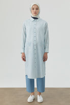 Nakış Detaylı Çizgili Uzun Tunik - Mavi TUGBA