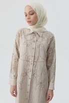Nakış Detaylı Çizgili Uzun Tunik - Vizon TUGBA