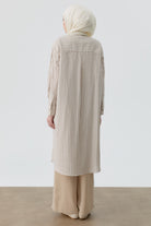 Nakış Detaylı Çizgili Uzun Tunik - Vizon TUGBA