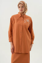 Nakışlı Gizli Cepli Gömlek - Oranj TUGBA