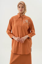 Nakışlı Gizli Cepli Gömlek - Oranj TUGBA
