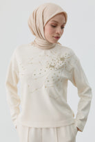 Nakışlı Taşlı Örme Sweat - Ekru TUGBA