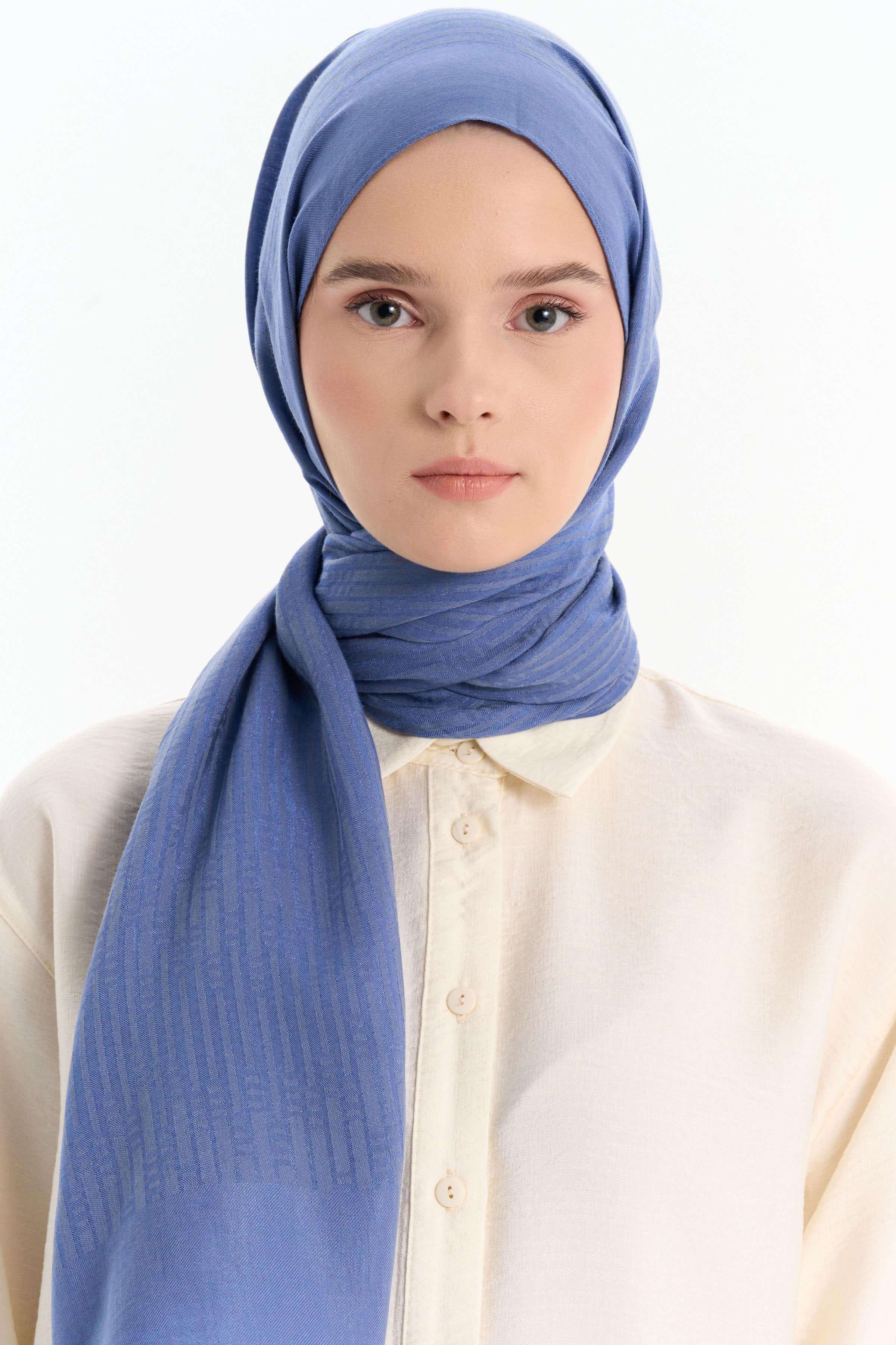 Natural Çizgisel Desenli Şal - İndigo TUGBA